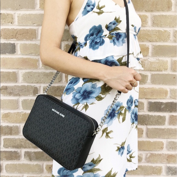 Michael Kors Jet Set Large East West Crossbody Black MK Signature - Picture 2 of 7